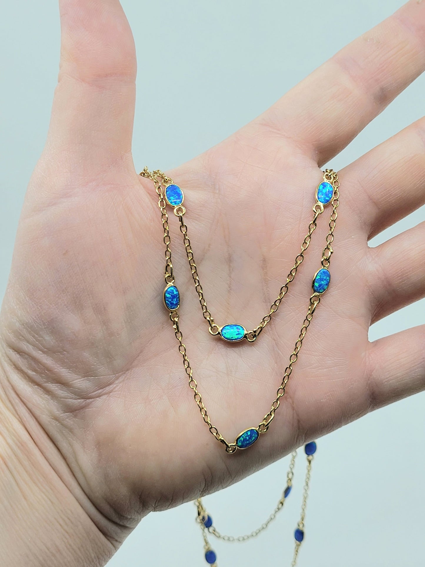 Charming Long Blue Opal Oval Necklace